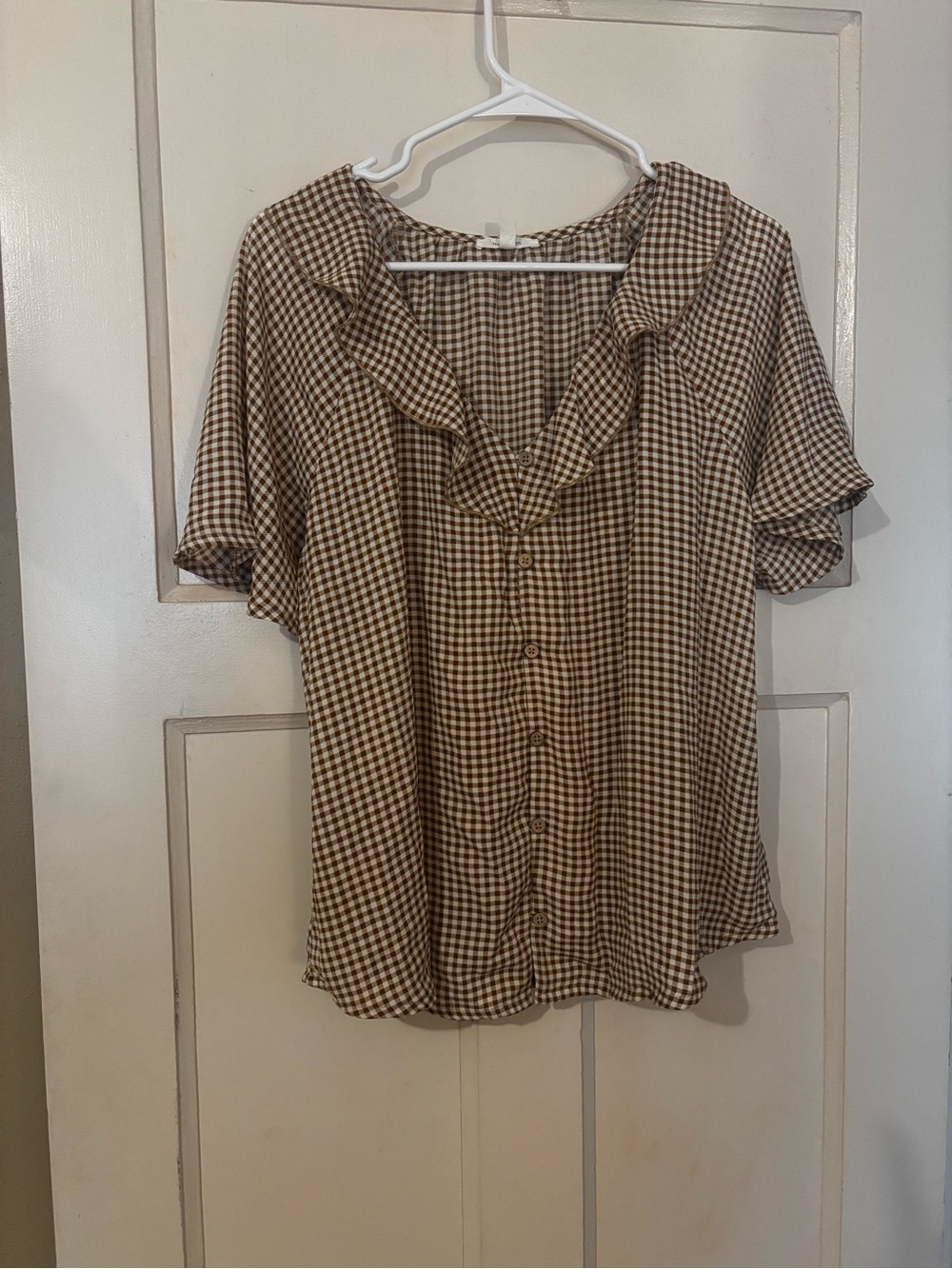 Maurices Brown Gingham Ruffle Collar Button-Down Blouse